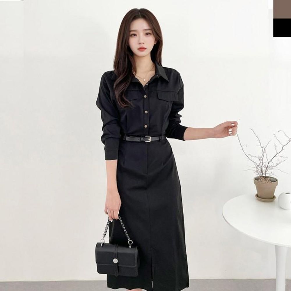 여성 데일리 고급 하객룩 롱 원피스 셔츠 벨트포함