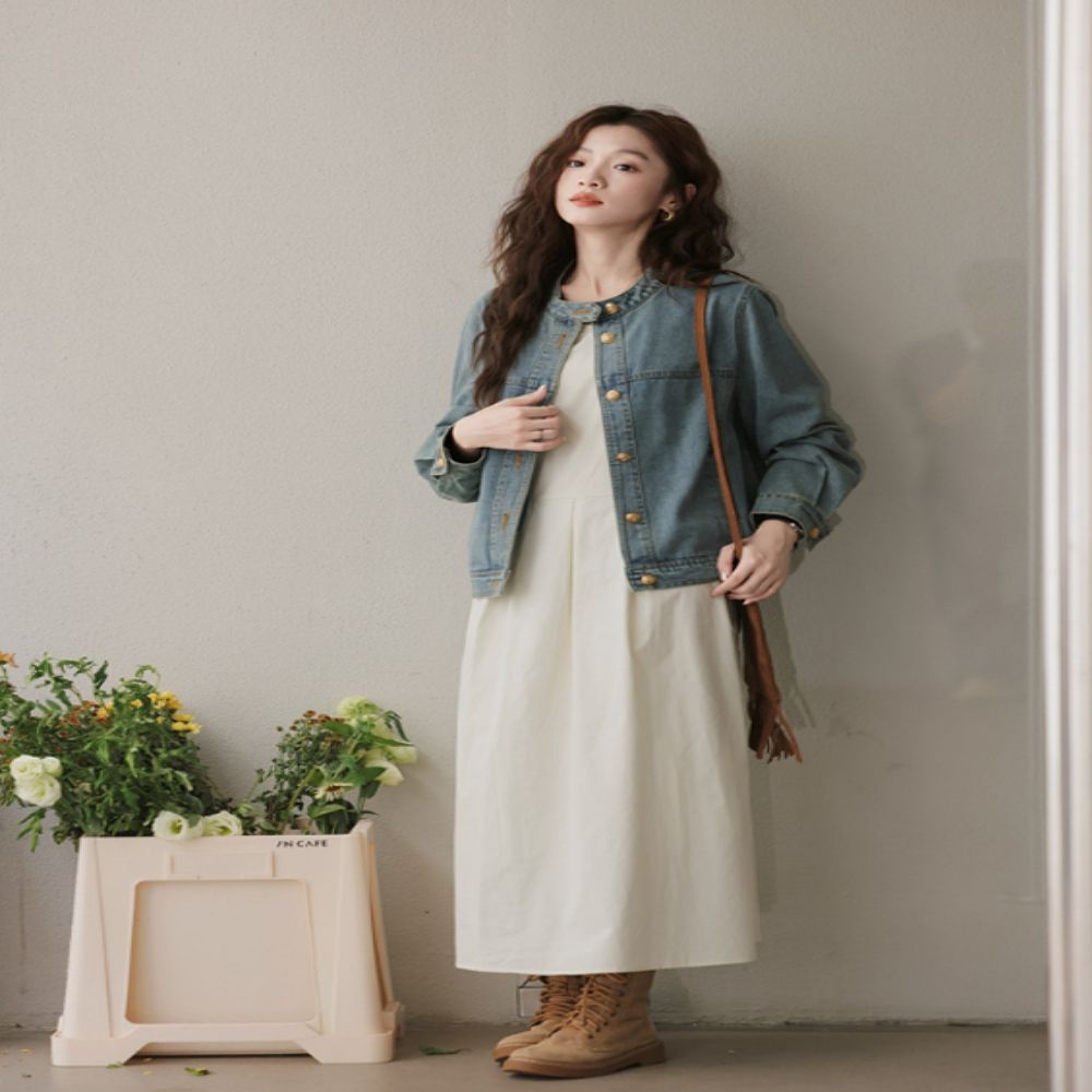 여성 데일리 중청 노카라 골드버튼 데님자켓 청자켓
