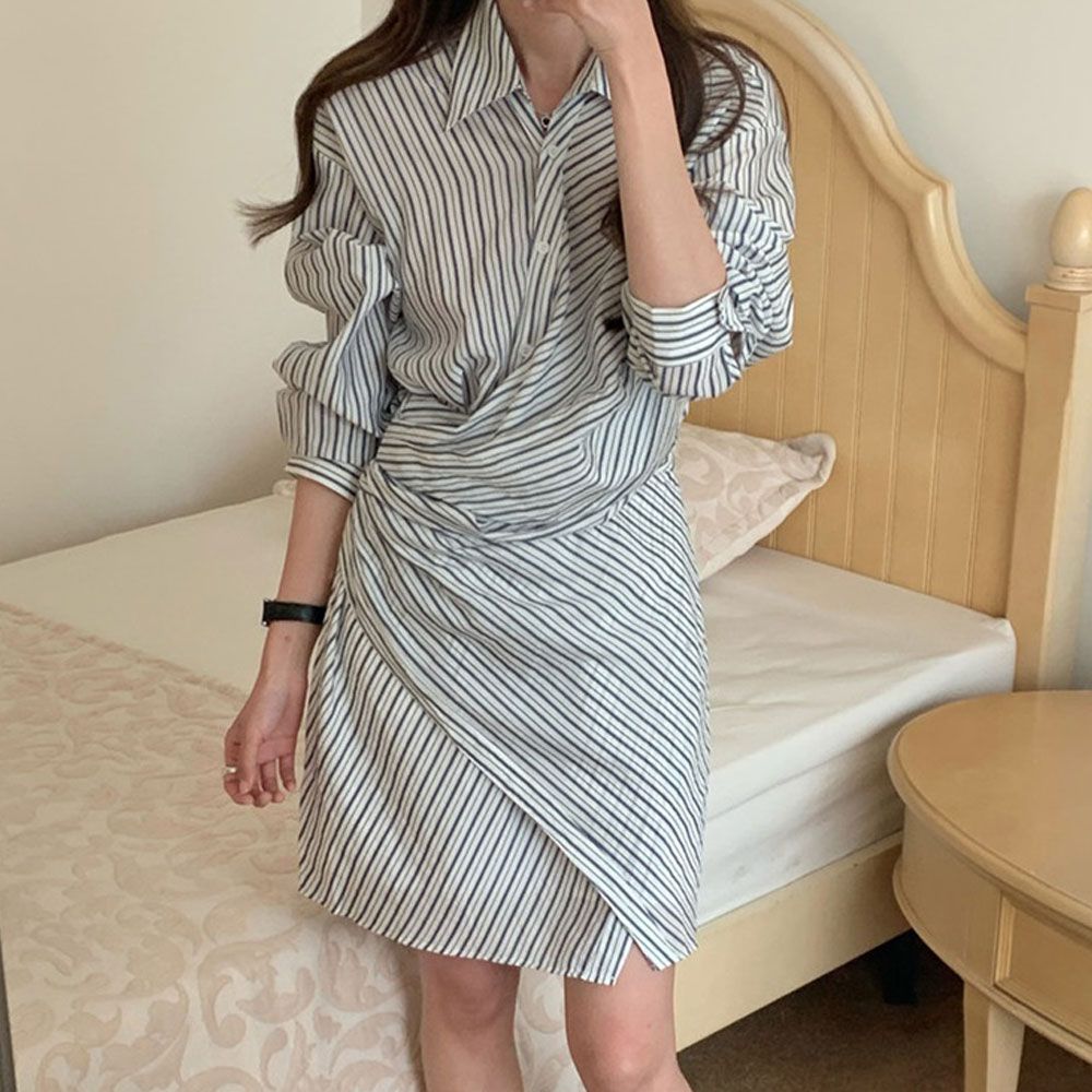 랩스타일 핀턱 언발 스트라이프 카라넥 원피스 모임룩