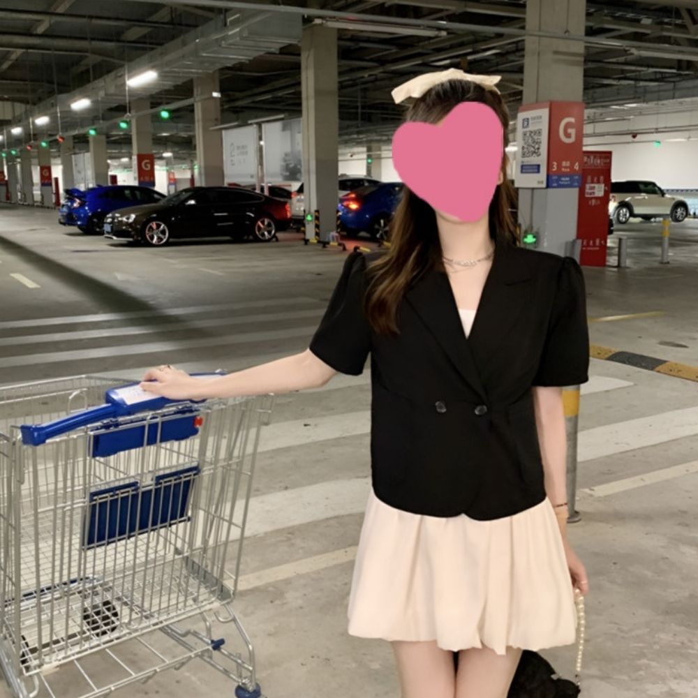 원버튼 여성 러블리 여름 소매 퍼프 자켓 반팔
