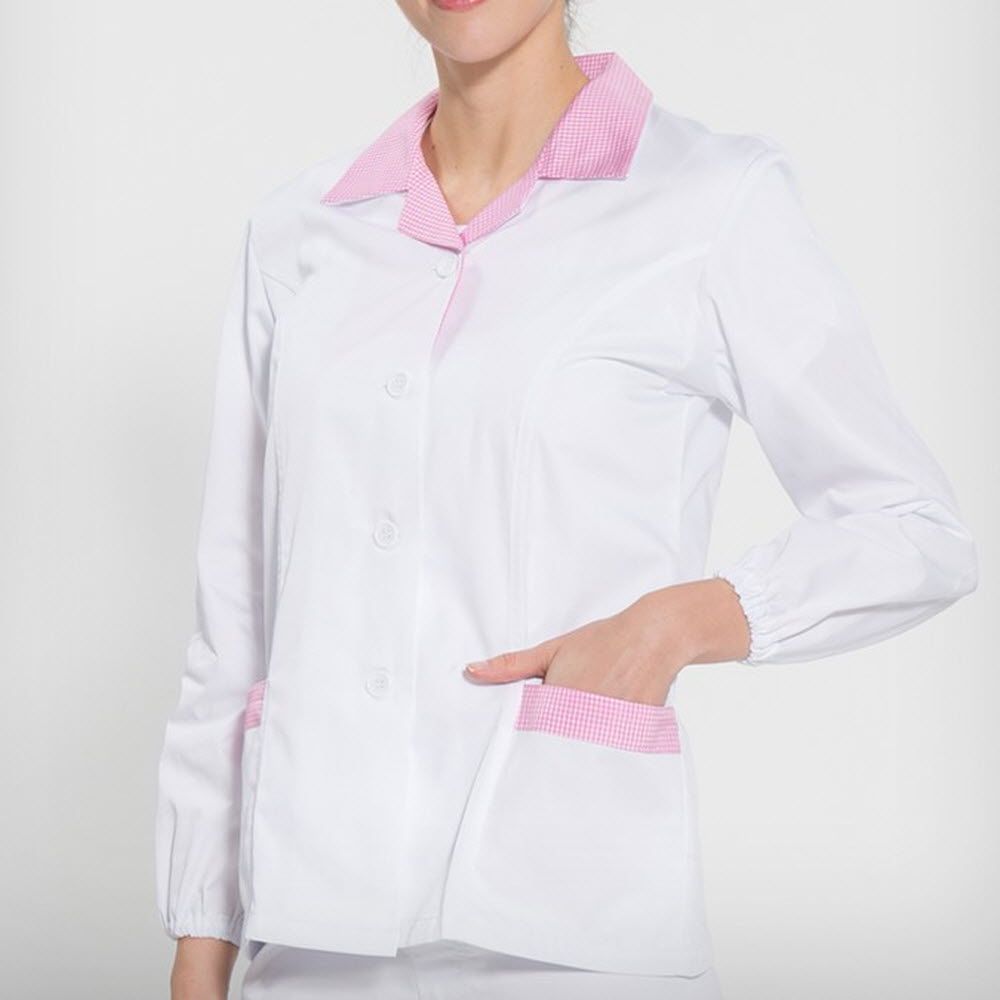 핑크 체크 포인트 실용성 간편 착용 위생복 셔츠