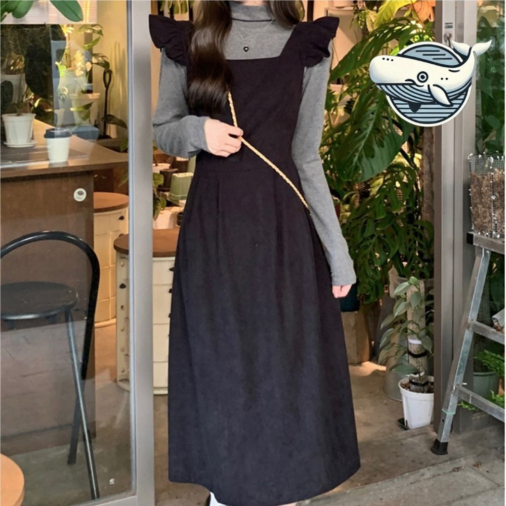 프릴 숄더 롱 원피스 간절기 목폴라 티셔츠