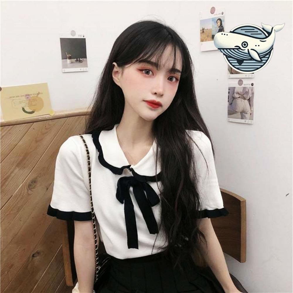 러블리 레이스 카라 티셔츠 편안한 반팔 리본