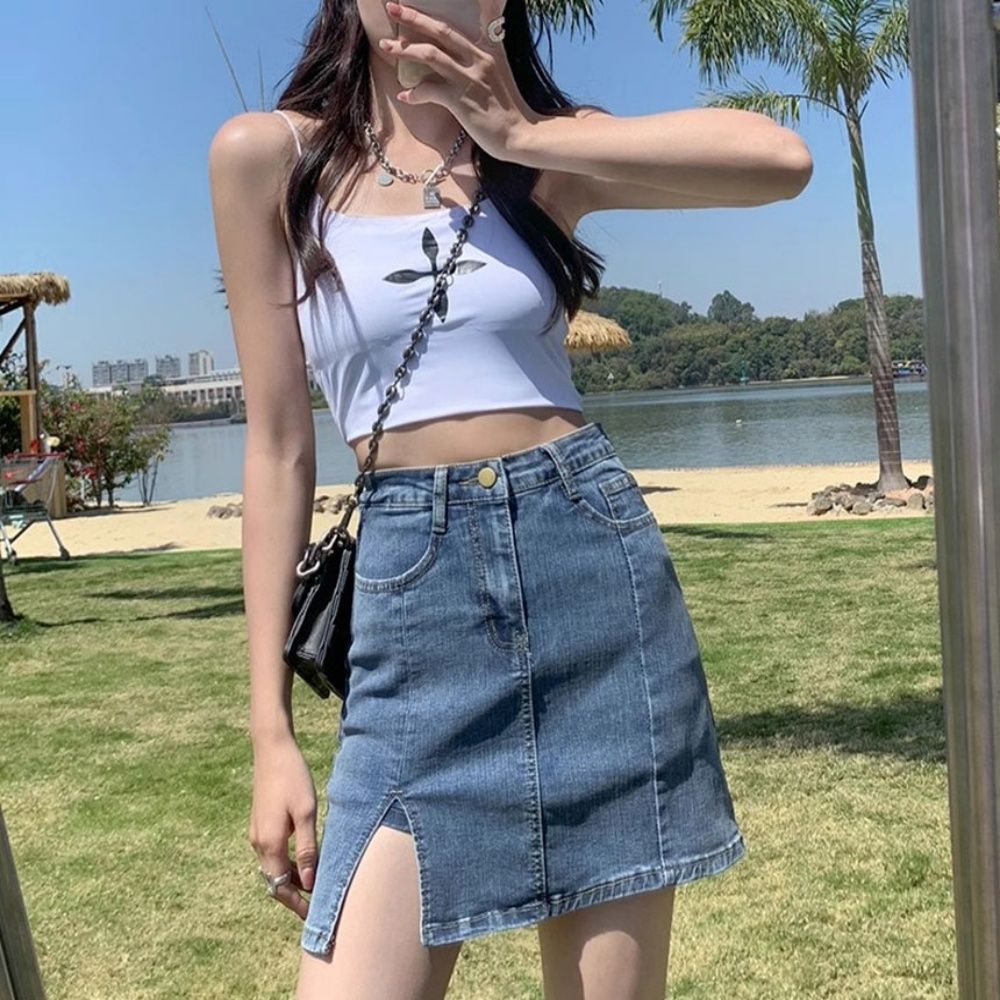 짧은 청치마 이너 속바지 옆트임 데님 미니 스커트