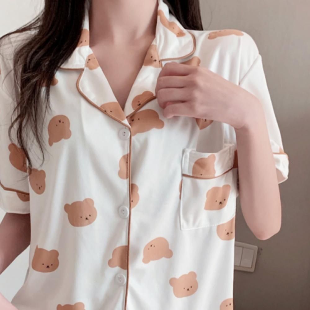 여름 파자마 잠옷 여성 귀여운 2p 체크 블랙 크림곰