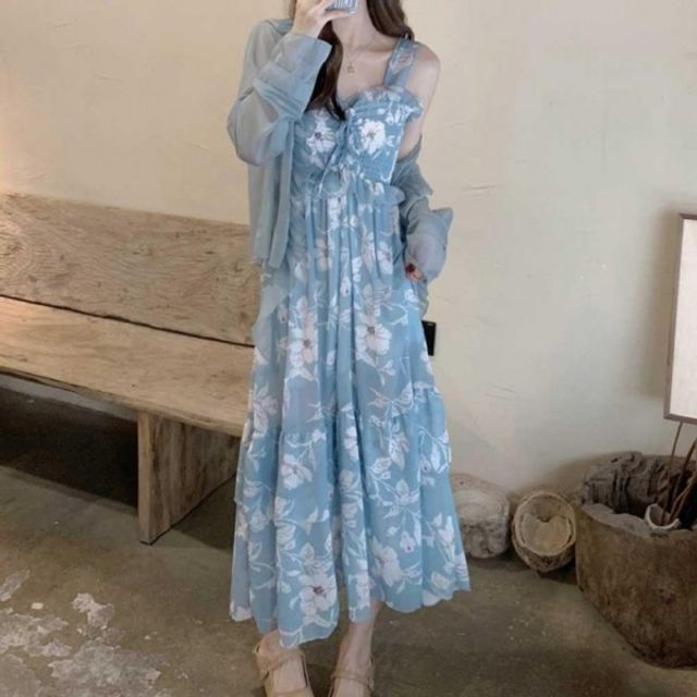 플라워 나시 프릴 기본 롱원피스 데이 스모크밴딩 플