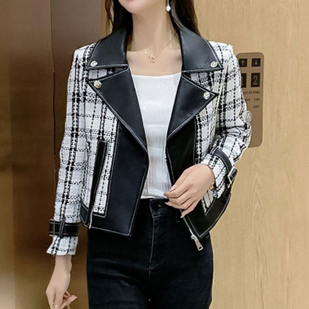 여성 가을 간절기 레더 배색 체크 호피 라이더 자켓
