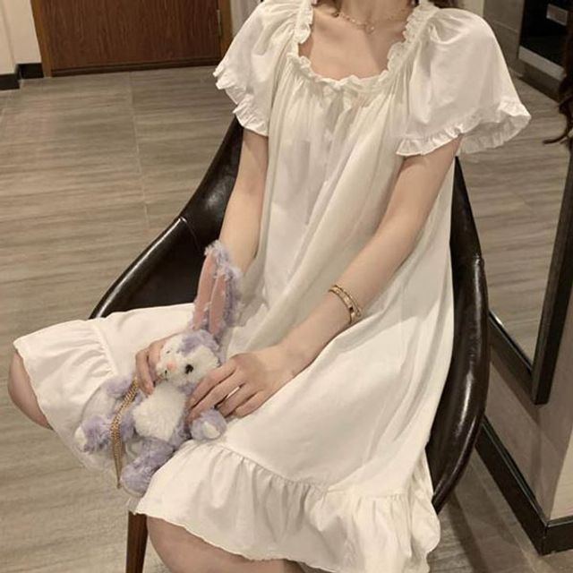 셔링소매 원피스잠옷 잠옷 반팔 실크잠옷 홈웨어