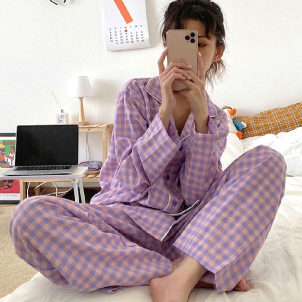 여성 데일리 편한 홈웨어 체크 파자마 잠옷 상하세트