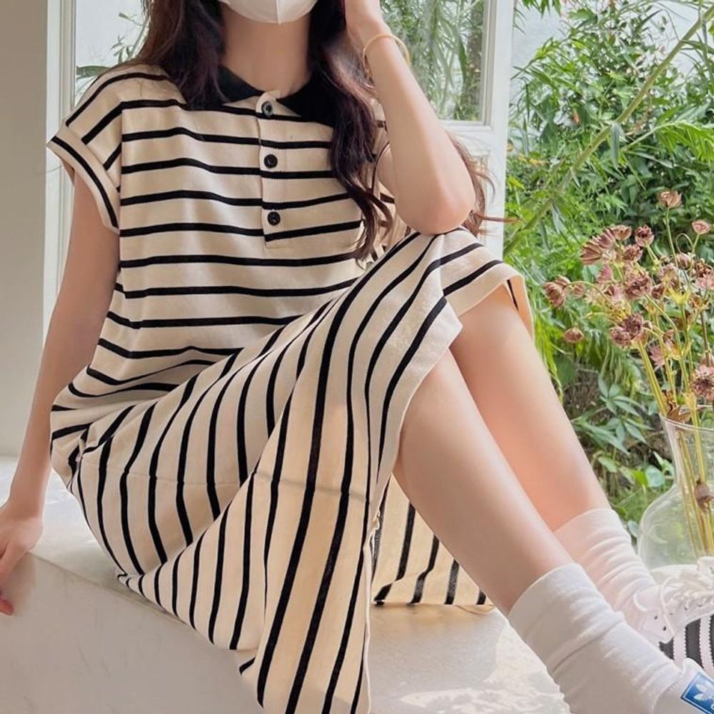 카라 스트라이프 롱원피스 D44