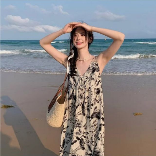 수묵화 패턴 플라워 기본 앞리본 데이 여름 롱 원피스