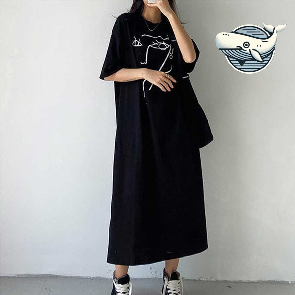편안한 블랙 그래픽 원피스 나들이용 양옆트임