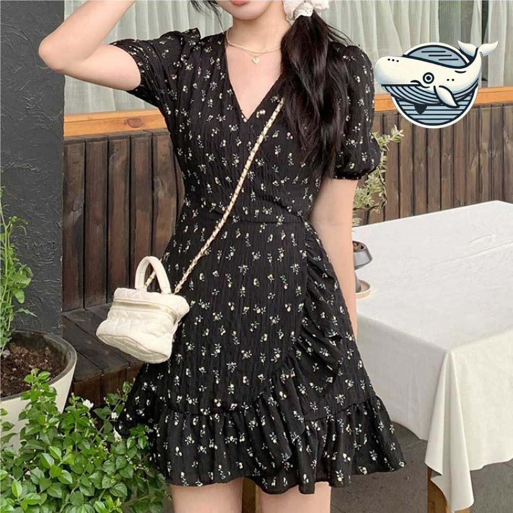 플라워 프릴 블랙 원피스 뷰티 브이넥 퍼프소매