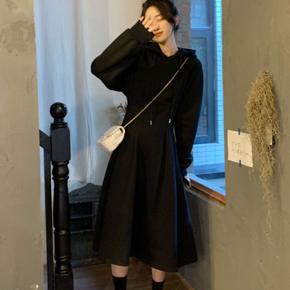 캐주얼 여성 예쁜 후드 플레어 롱 긴팔 원피스 치마