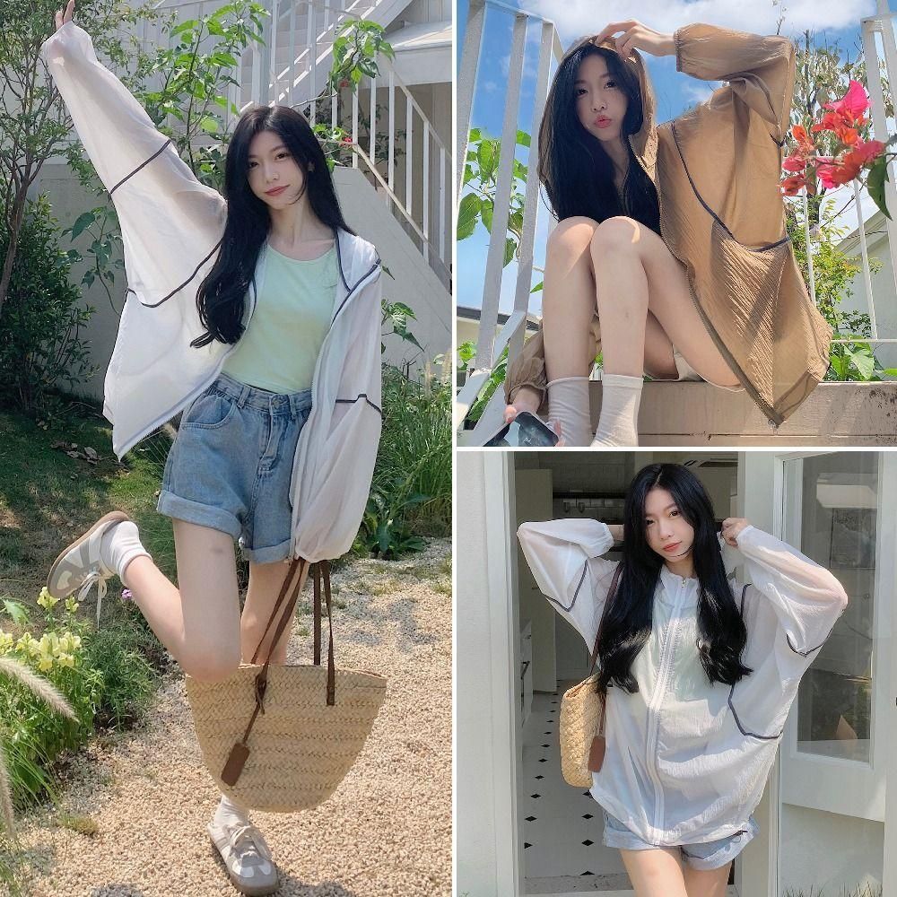 여성 바람막이 시스루 점퍼 루즈핏 후드 간절기 여름