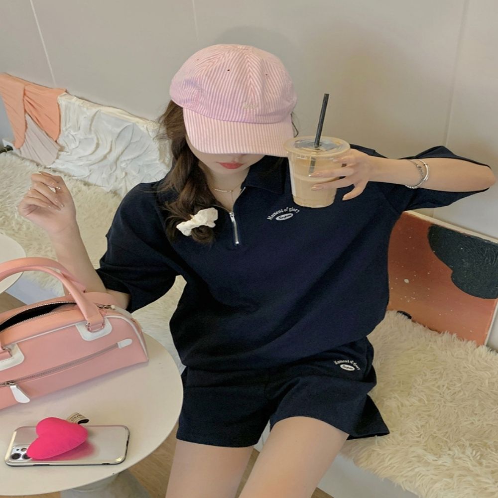 여성 2컬러 데일리 영문자수 반집업카라 트레이닝세트
