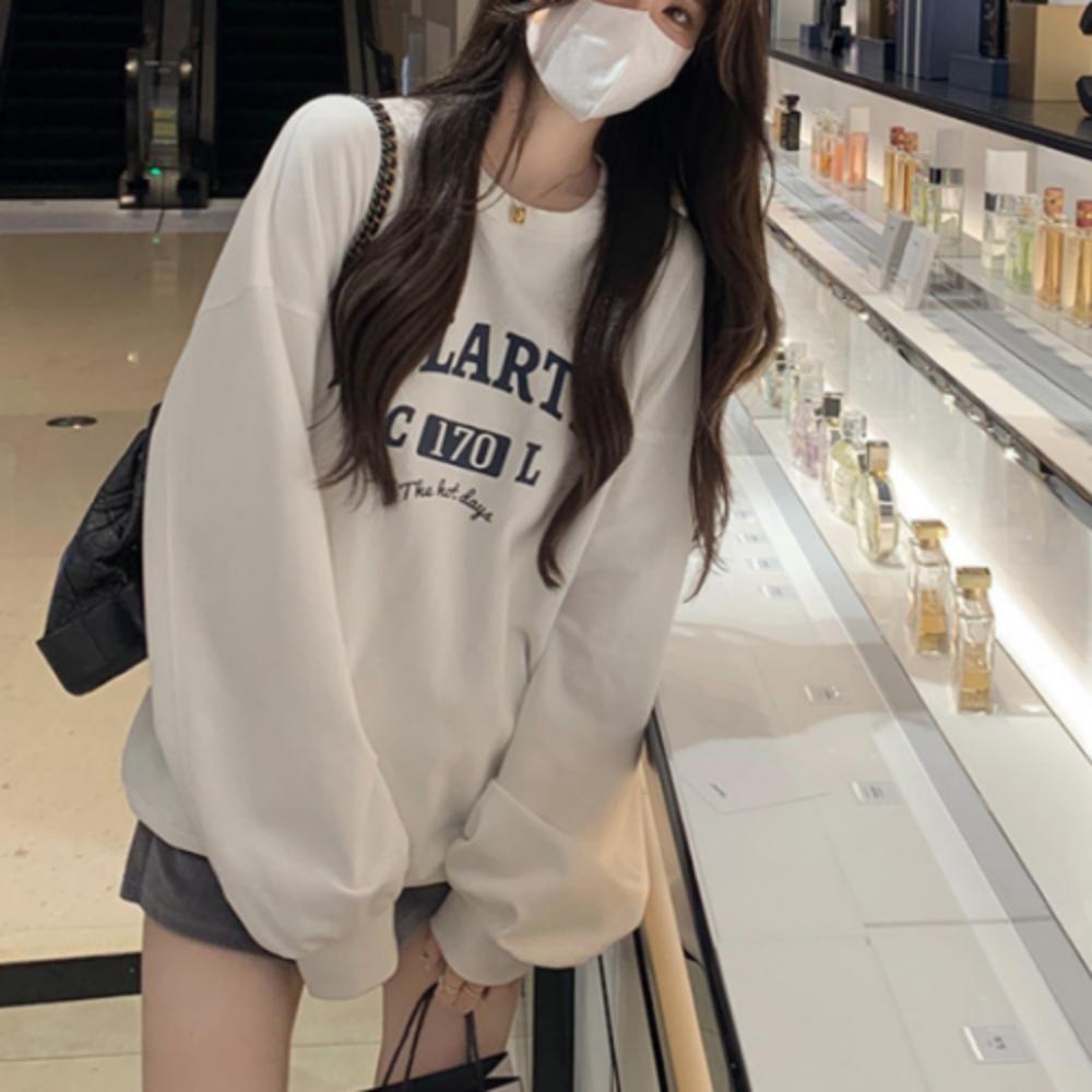레터링 맨투맨 긴팔 기모 여성 라운드 데일리 크림