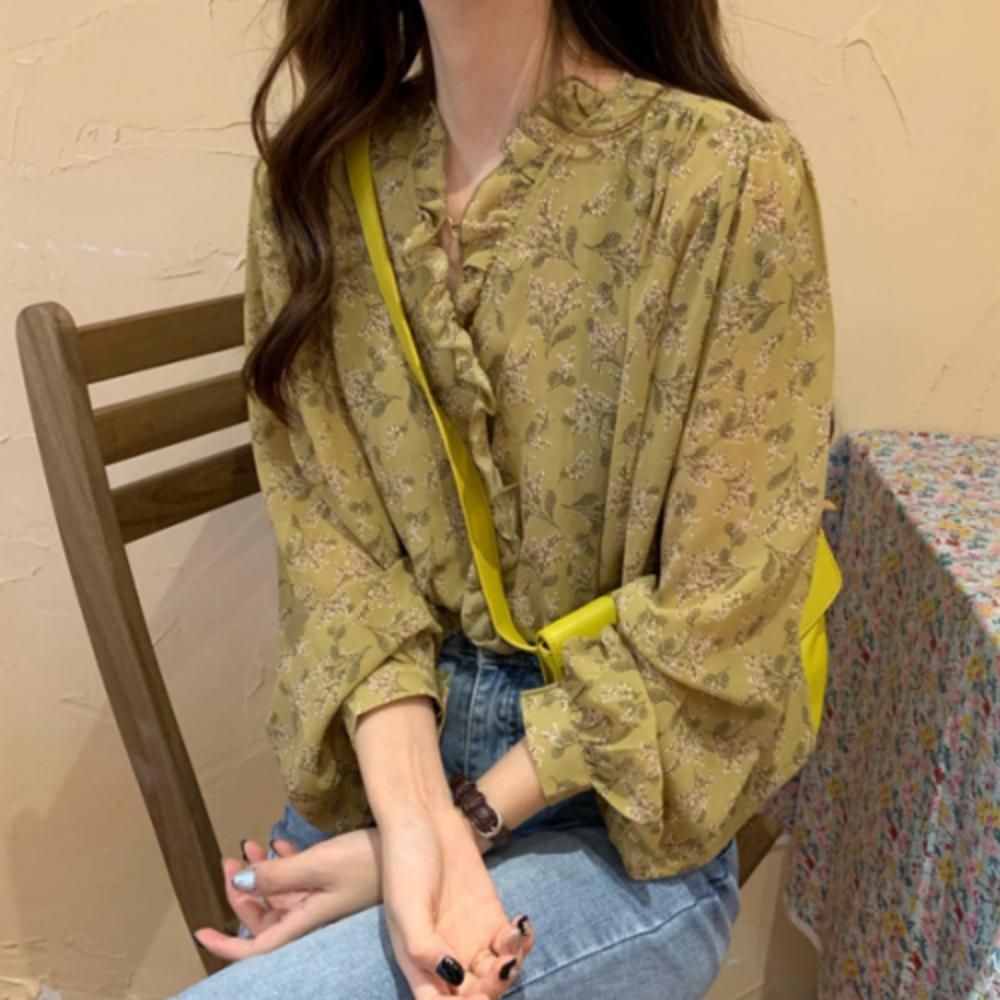 봄 여름 프릴 긴팔 블라우스 여성 쉬폰 브이넥 셔츠