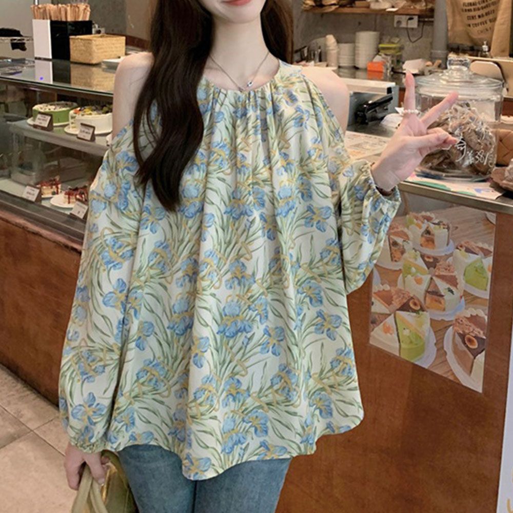 꽃무늬 오프숄더 루즈핏 핀턱 여리 블라우스 봄코디