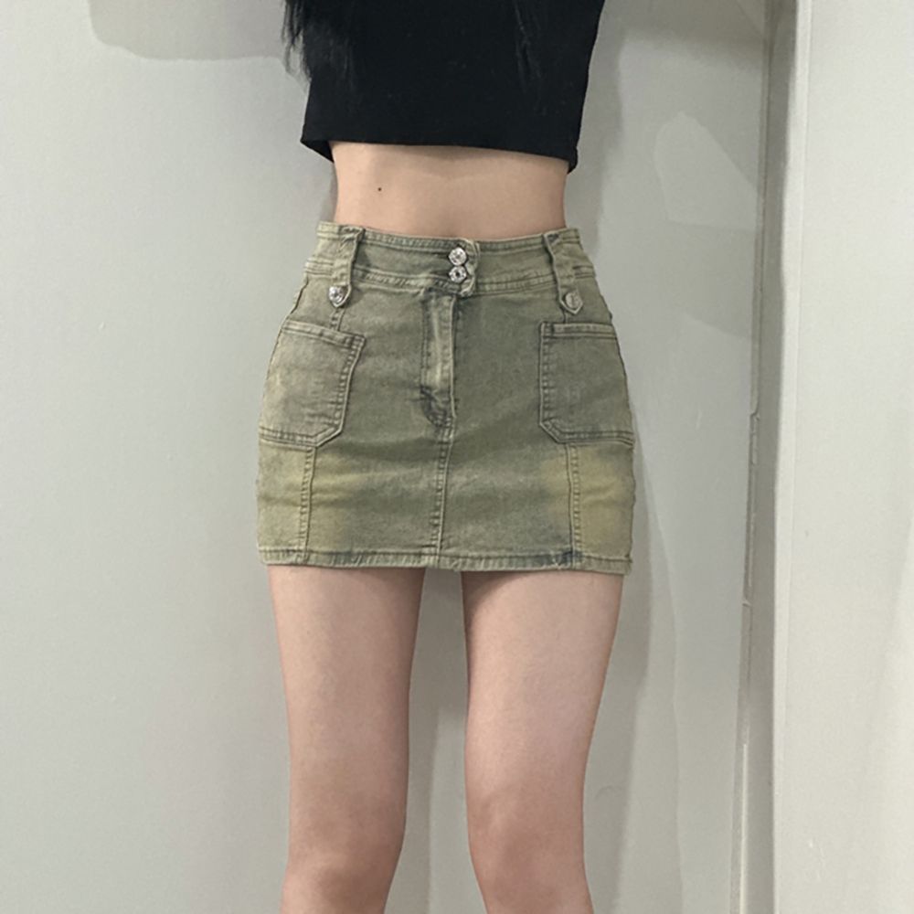 H라인 투버튼 미니 빈티지 하이웨스트 스판 카