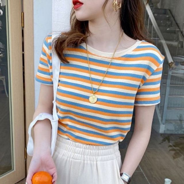 스트라이프 반팔 여자 기본 티셔츠 데이 슬림 여성 여