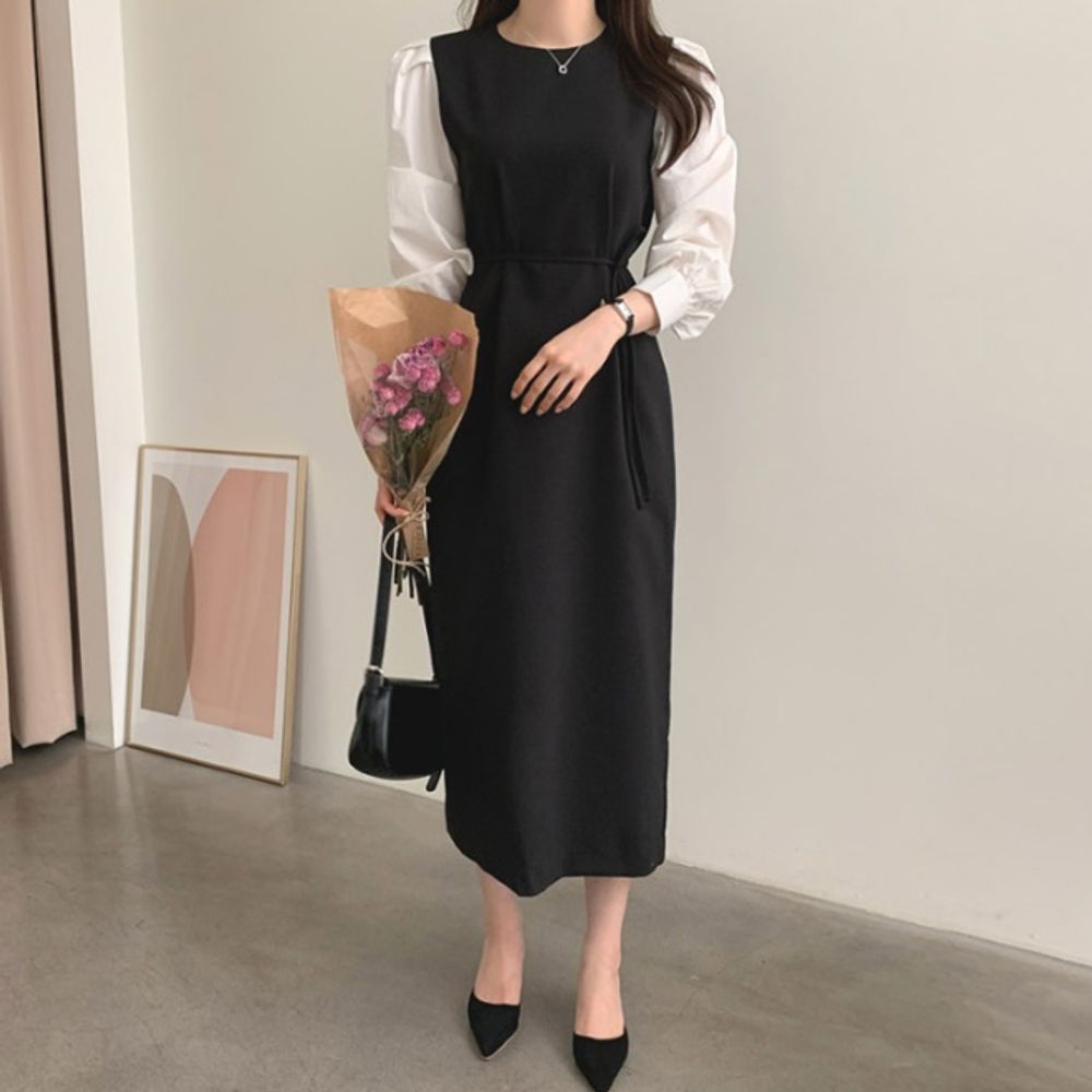하객룩 데일리룩 출근룩 볼륨소매 배색 원피스 2컬러