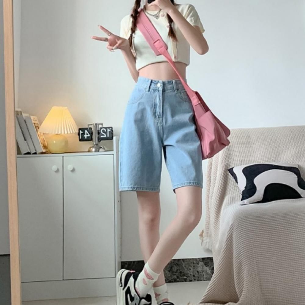 여성 여름 5부 연청 반바지 1P 와이드 데님팬츠 바지