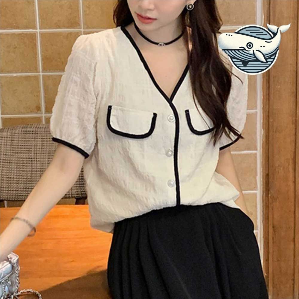 여름 브이넥 반팔 배색 진주단추 귀여운 데일리