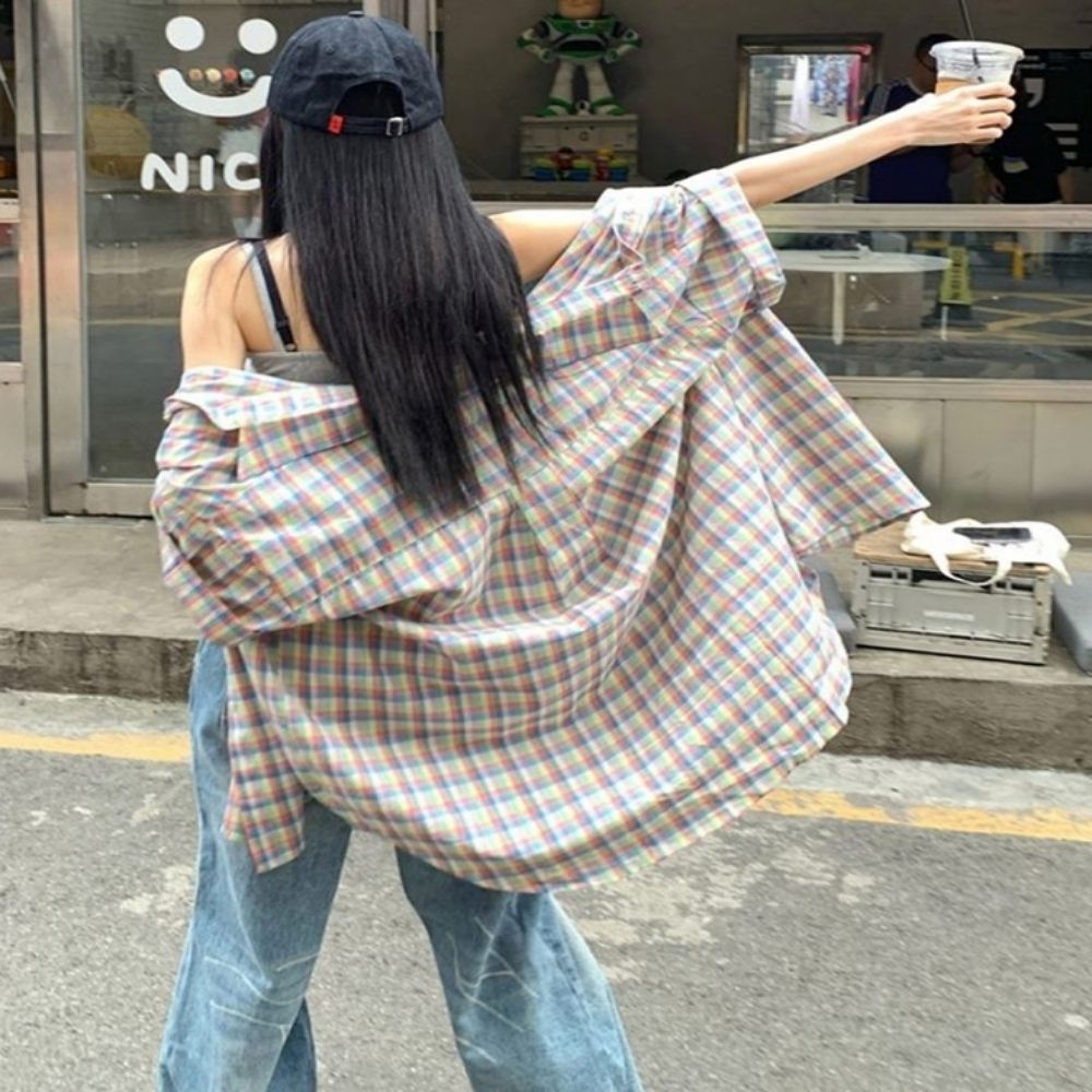 포켓 아이템 체크 캐쥬얼 박시핏 셔츠 패션 반팔