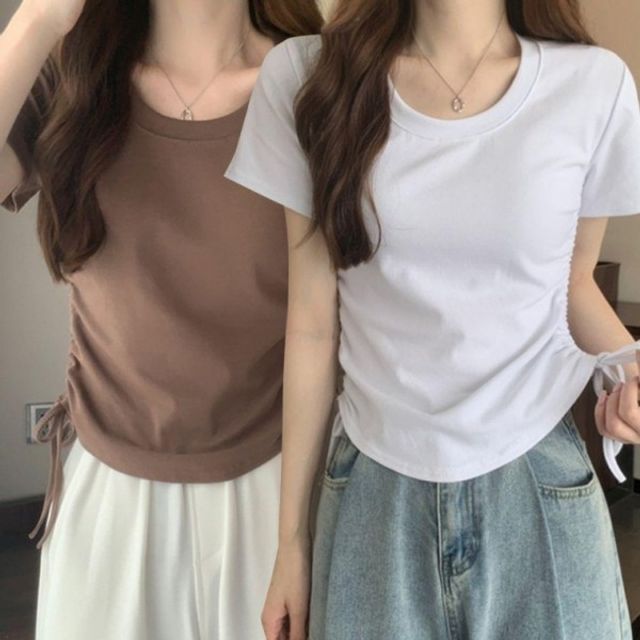 옆 포인트 셔링 기본 라운드넥 데이 여성 날씬핏 반팔