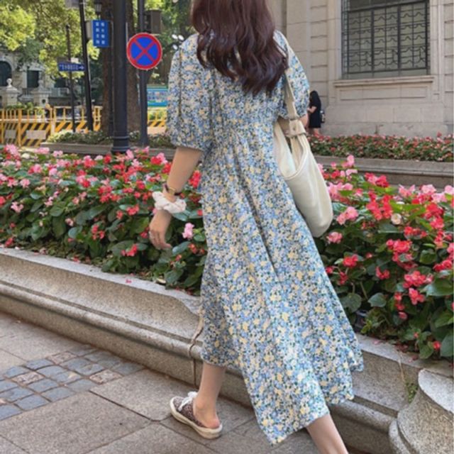 시원한느낌 여성 꽃무늬 기본 롱원피스 데이 허리라인