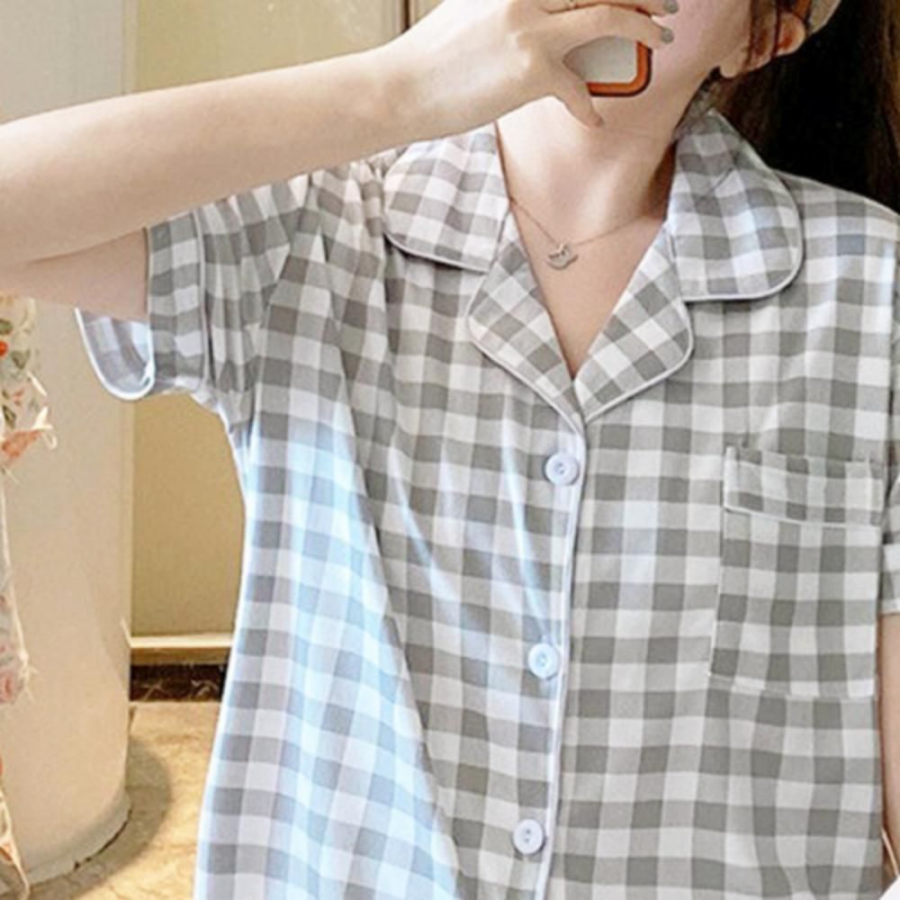루즈핏 파자마 여성 잠옷 심플 2p 체크 블랙 그레이