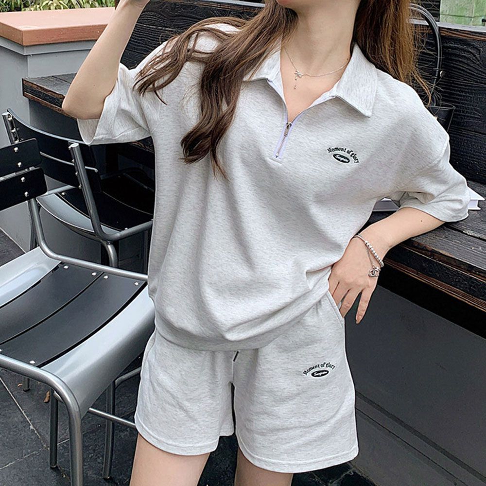 집업 카라 트레이닝세트 반팔 허리밴딩 팬츠 미니자수