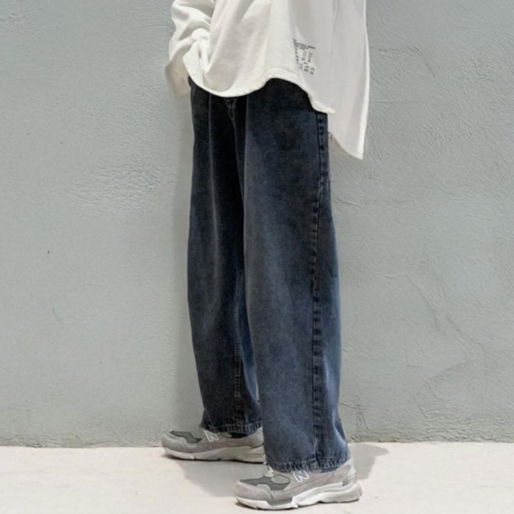 데님 청바지 와이드 일자 팬츠 남성 밴딩 진청