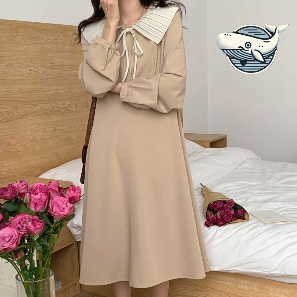 프리미엄 플리츠 카라 원피스 리본 스트링 여성