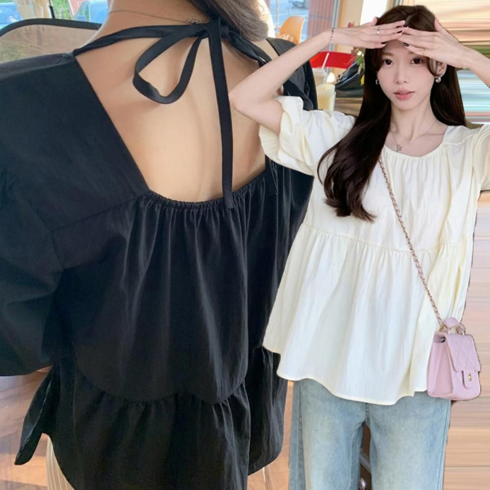 여성 사랑스러운 루즈핏 퍼프 백리스 여름 블라우스