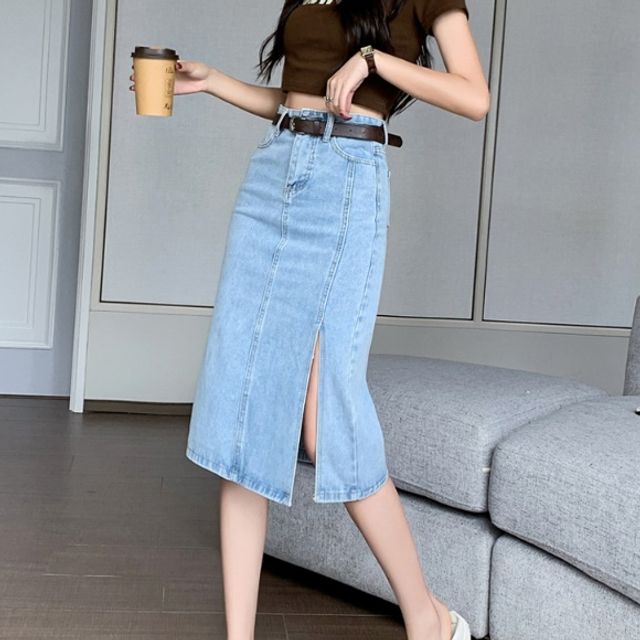 여성청치마 디테일 슬림 트임 데님 스커트