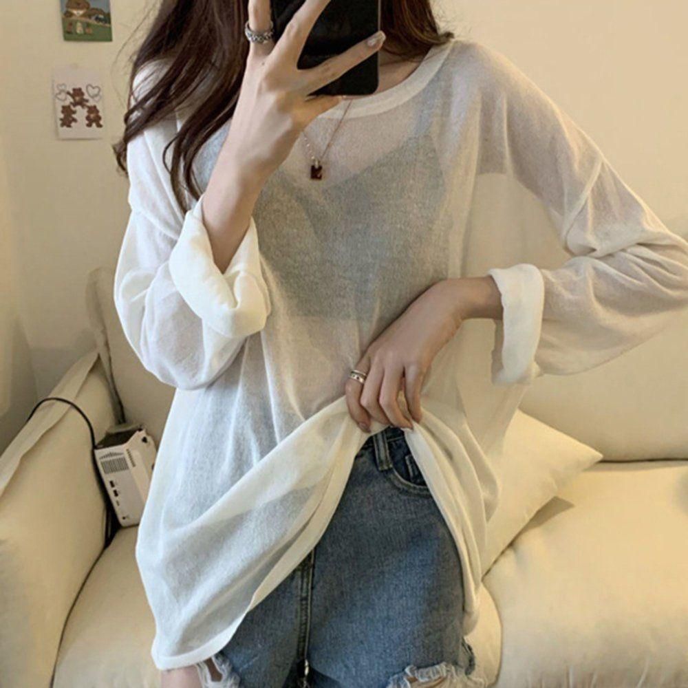 여성 여름 패션 시스루 루즈핏 스타일 긴팔 티셔츠