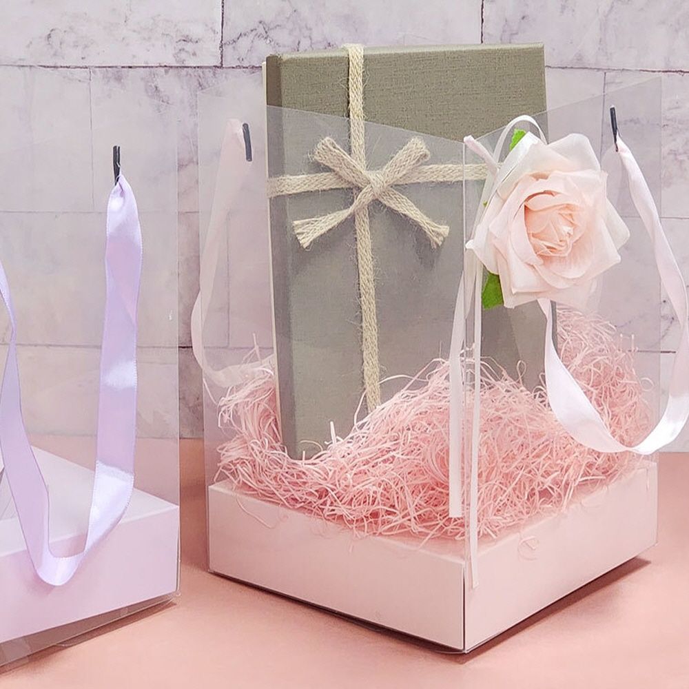 선물용 사각 꽃포장투명쇼핑백 5매 리본 꽃상자