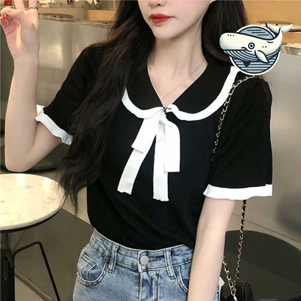 레이스카라 리본 배색 블라우스 여친룩 반팔티