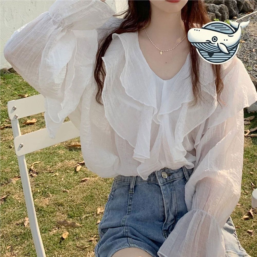 여성 프릴 디테일 블라우스 브이넥 체형 보완