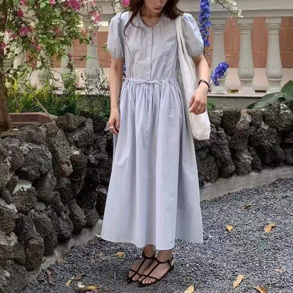 여성스러운 레이스 퍼프 반팔 롱 원피스 2컬러