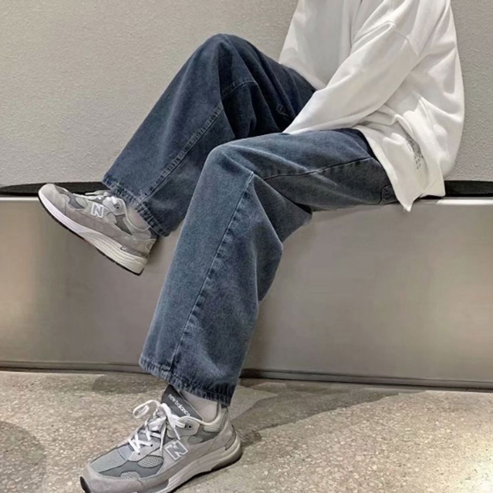 남성 와이드핏 데님 팬츠 진청 기모 1P 캐주얼 청바지