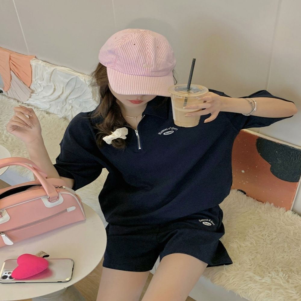 여성 2컬러 모던 캐주얼룩 반집업 카라 트레이닝셋업