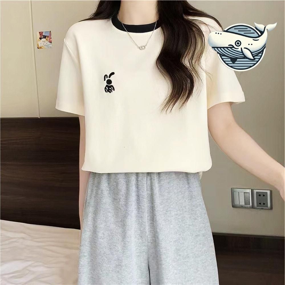 귀여운 래빗 자수 크롭티셔츠 여름 반팔 티셔츠