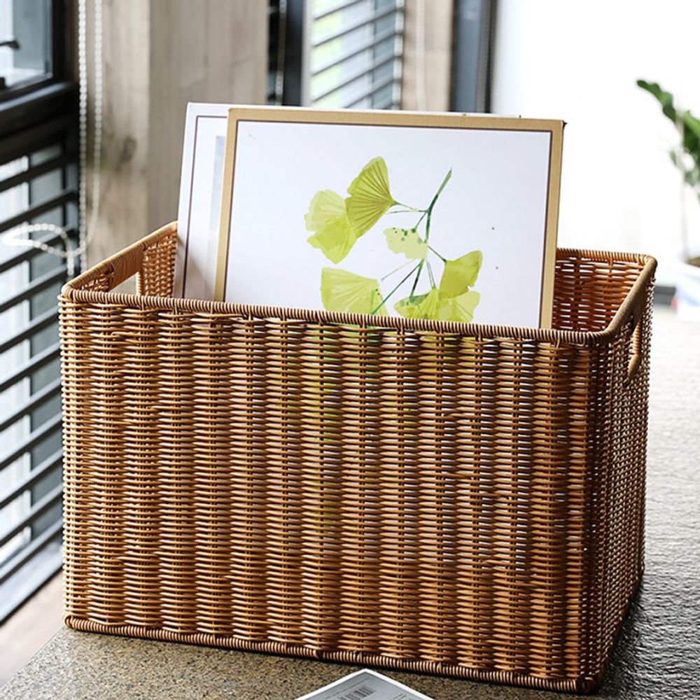 라탄짜임 사각 바구니 44x30cm 내추럴 손잡이 정리함