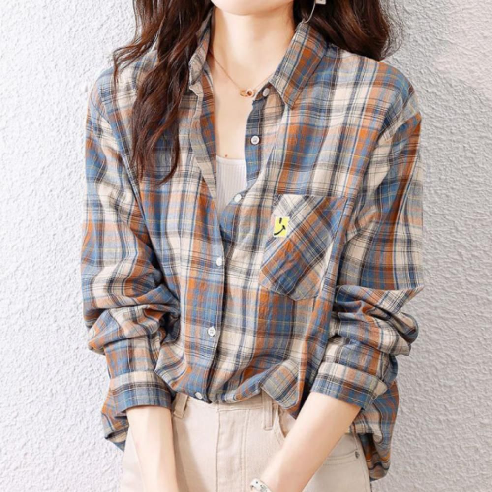 체크 셔츠 남방 긴팔 여성 순면 카라 캐주얼