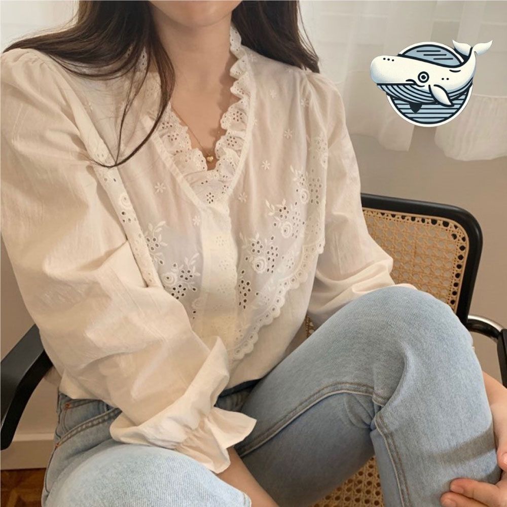 프릴넥 펀칭 화이트 셔츠 봄 캐주얼 스타일