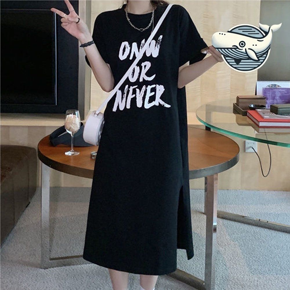 여성 루즈핏 여름 반팔 롱티셔츠 트렌디 블랙
