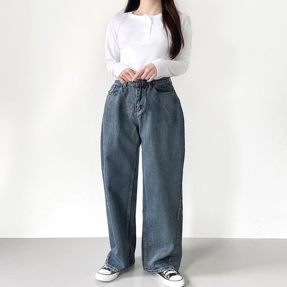 여성 사선절개 세미와이드핏 데님팬츠 유니크 청바지